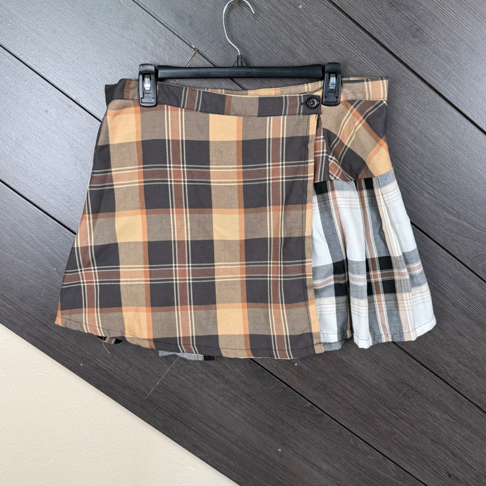 Rue21 Y2K Plaid Pleated Wrap Mini Skirt XL Brown Tan Grunge Preppy School Girl